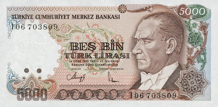 Türkei / Turkey P.198 5000 Lira 1970 (1990) (1) 