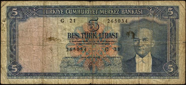 Türkei / Turkey P.154 5 Lira L. 1930 (1952) (5) 