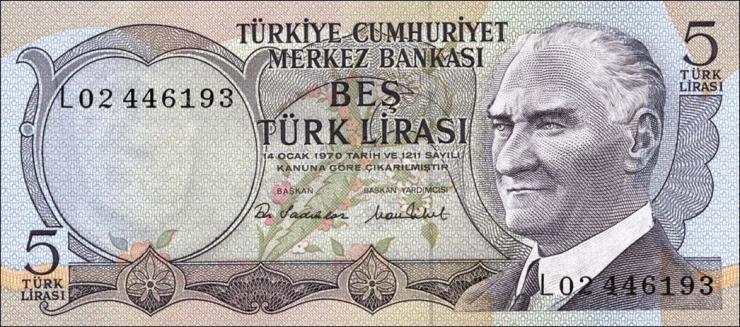 Türkei / Turkey P.185 5 Lira 1970 (1976) (1) 