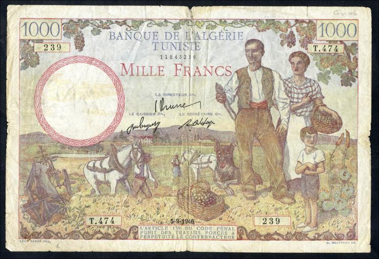 Tunesien / Tunisia P.026 1000 Francs 5.9.1946 (4-) 