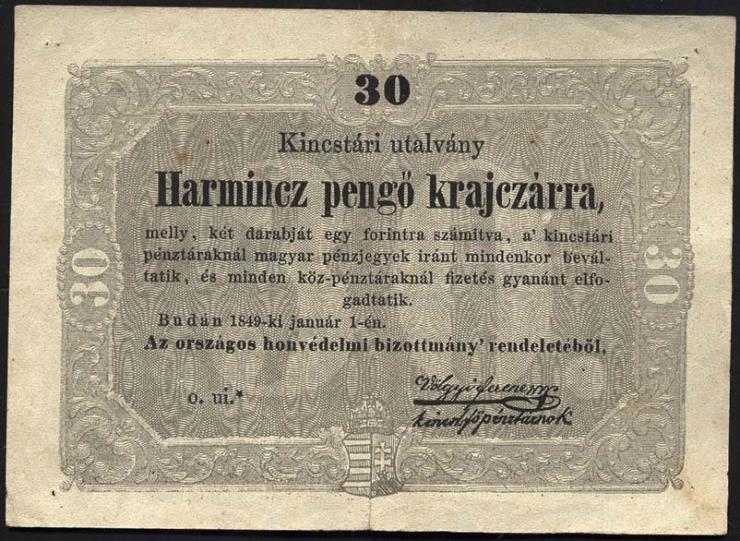 Ungarn / Hungary P.S122 30 Pengö Kreuzer 1849 (3+) 