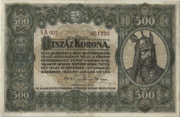 Ungarn / Hungary P.065 500 Kronen 1920 (3+) 