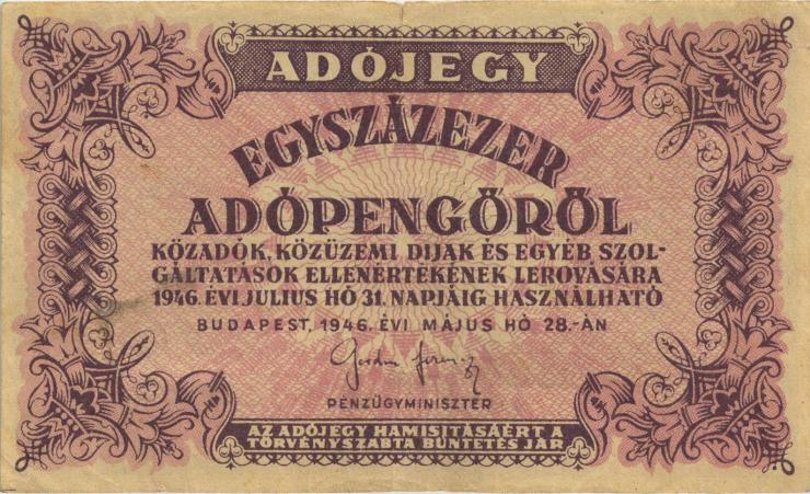 Ungarn / Hungary P.144b 100.000 Adopengö 1946 (3) 