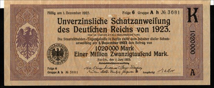 Sch.10 1.020.000 Mark Schatzanweisung 1923 (1-) 
