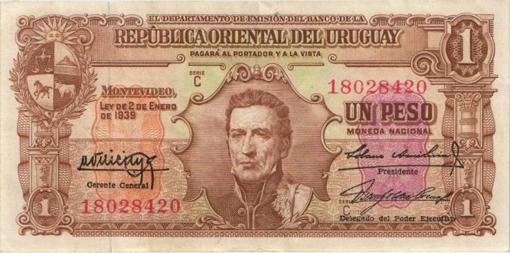 Uruguay P.035b 1 Peso 1939 (3+) Serie C 