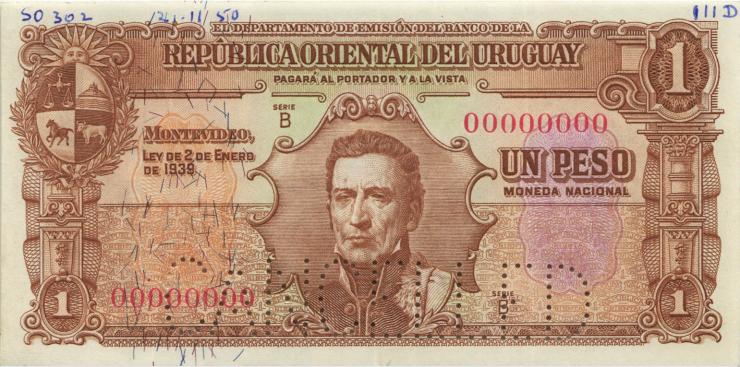 Uruguay P.035as 1 Pesos L. 1939 Specimen (2) Cancelled 