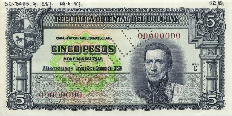 Uruguay P.036s 5 Pesos L. 1939 Specimen (2) Cancelled 