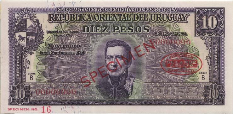 Uruguay P.037bs 10 Pesos L. 1939 Specimen (1-) DeLaRue 