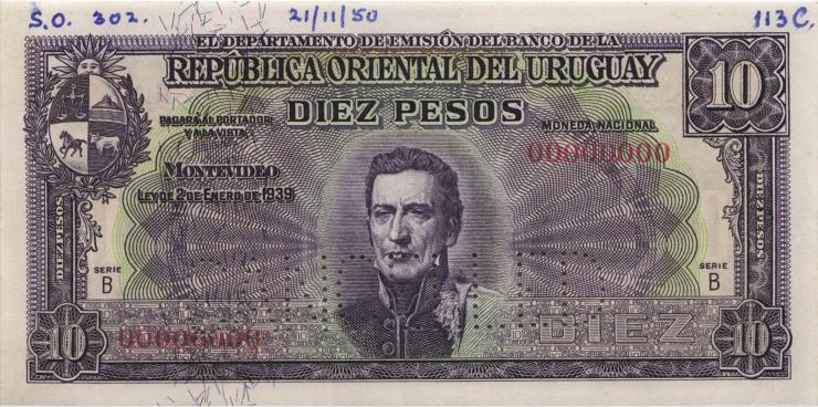 Uruguay P.037bs 10 Pesos L. 1939 Specimen (2+) Cancelled 