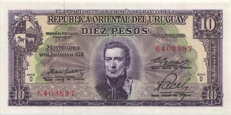 Uruguay P.042b 10 Pesos L. 1939 (1967) (1) 