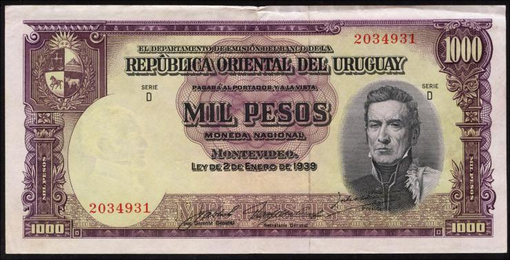 Uruguay P.041c 1000 Pesos (1967) (3+) 