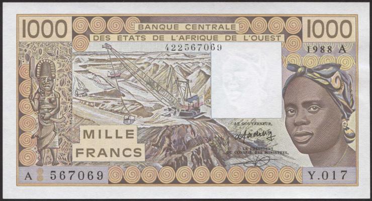 West-Afr.Staaten/West African States P.107Aa 1000 Francs 1988 (1) 