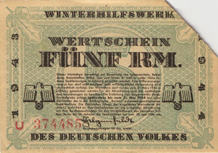 WHW-41 Winterhilfswerk 5 Reichsmark 1943/44 (1) entwertet 
