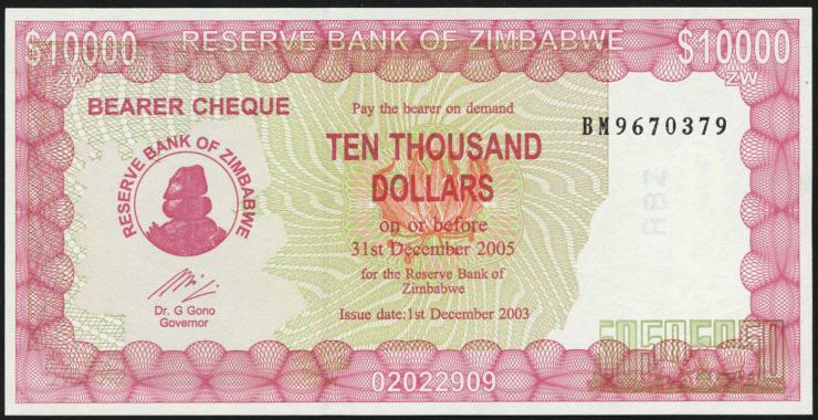 Zimbabwe P.022e 10000 Dollars 2003 (1) 