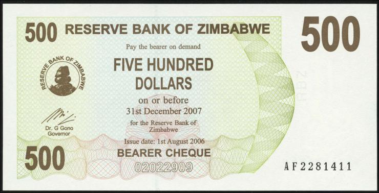 Zimbabwe P.043 500 Dollar 2006 (1) 