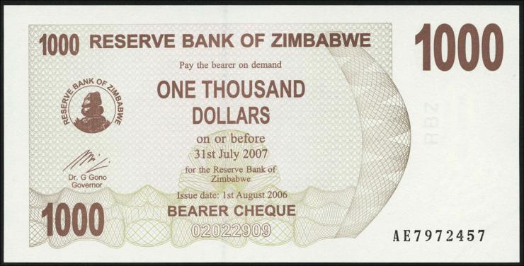 Zimbabwe P.044 1000 Dollar 2006 (1) 
