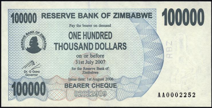 Zimbabwe P.048a 100.000 Dollar 2006 (1) 