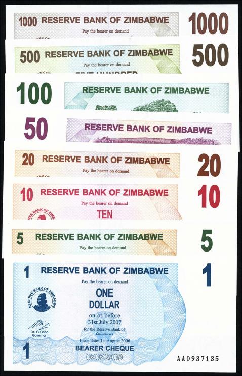 Zimbabwe P.037-044 1 Dollar - 1000 Dollars 2006 (1) 