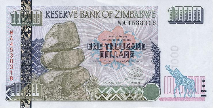Zimbabwe P.012 1000 Dollars 2003 (1) 