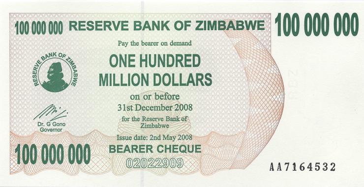 Zimbabwe P.058 100.000.000 Dollars 2008 (1) 