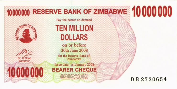 Zimbabwe P.055b 10.000.000 Dollars 2008 Inhaberscheck (1) 