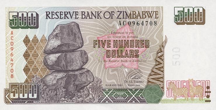 Zimbabwe P.011a 500 Dollars 2001 (1) 
