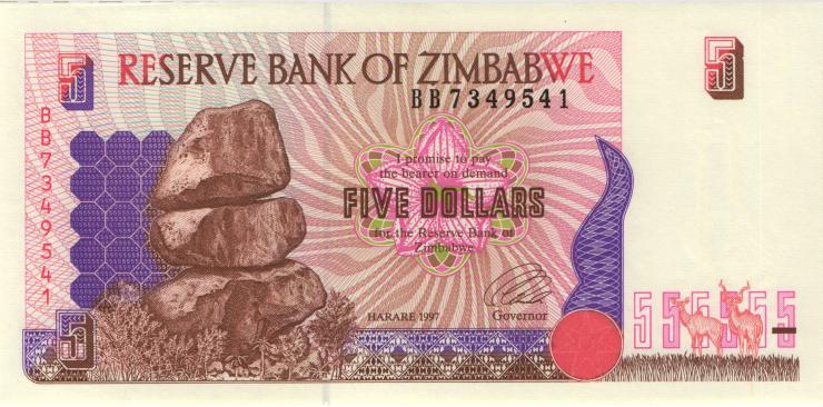 Zimbabwe P.005a 5 Dollars 1997 (1) helle Rückseite 