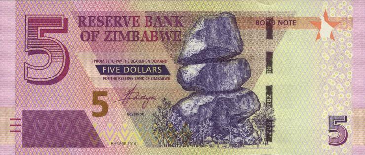 Zimbabwe P.100 5 Dollars 2016 Bond Note (1) 