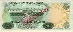 Kongo / Congo P.013bs 5 Zaires = 500 Makuta 1970 Specimen (1) 