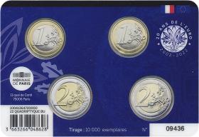 Frankreich 1 Euro und 2 Euro Kursmünzen altes Motiv  + 1 Euro und 2 Euro Kursmünzen neues Motiv im gemeinsamen Blister 