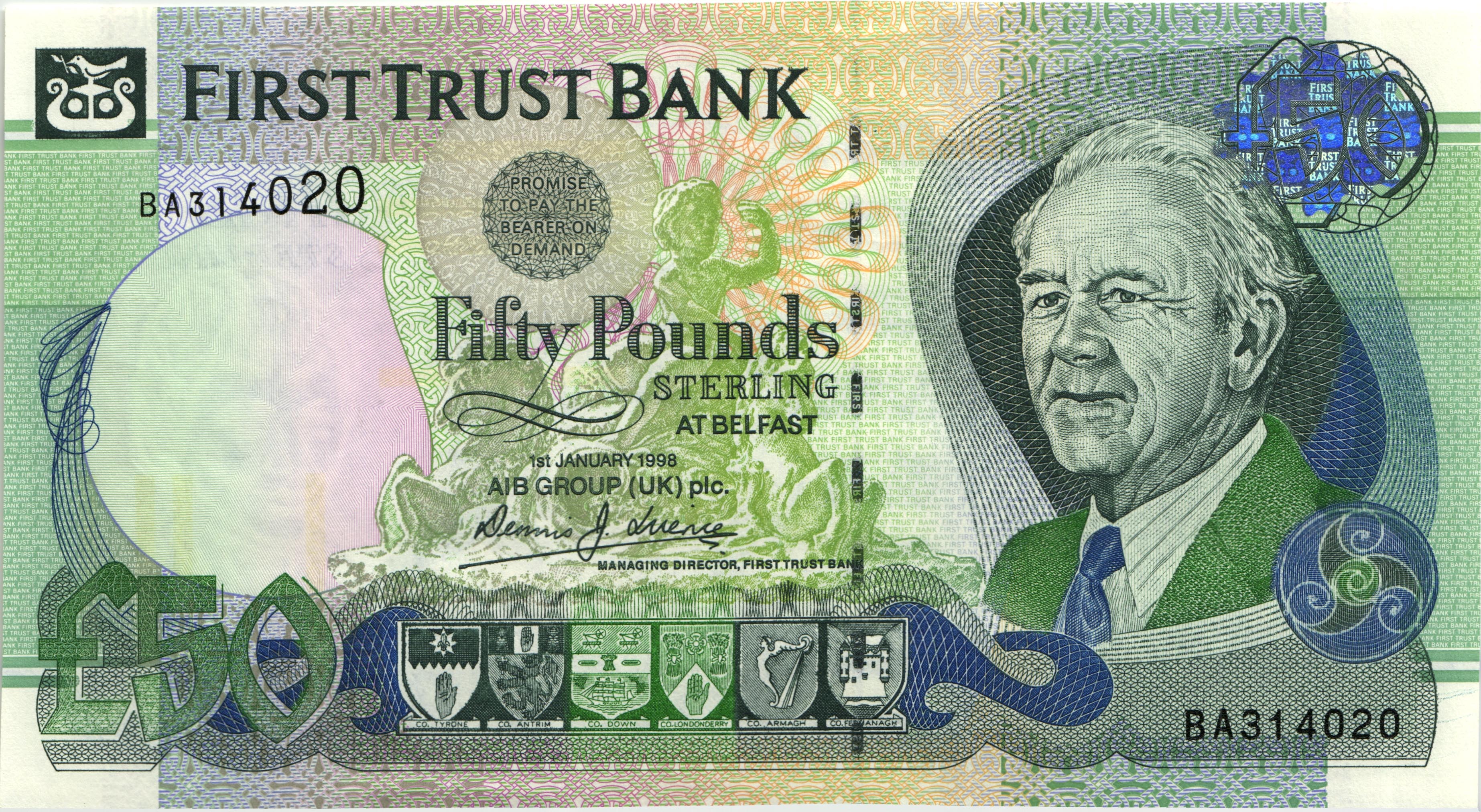 Первые 50 банков. Северная Ирландия 50 Trust Bank 1998. Ирландия 50 фунтов. 50 Фунтов Северной Ирландии. 50 Ирландских фунтов.
