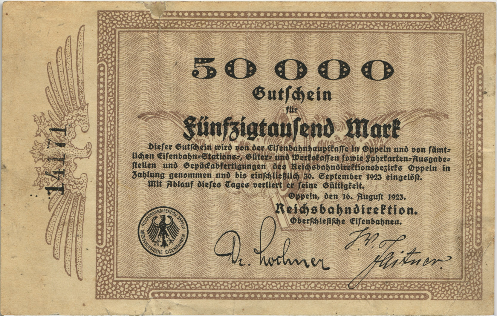 PS1341 Reichsbahn Oppeln 50.000 Mark 1923 (4-)