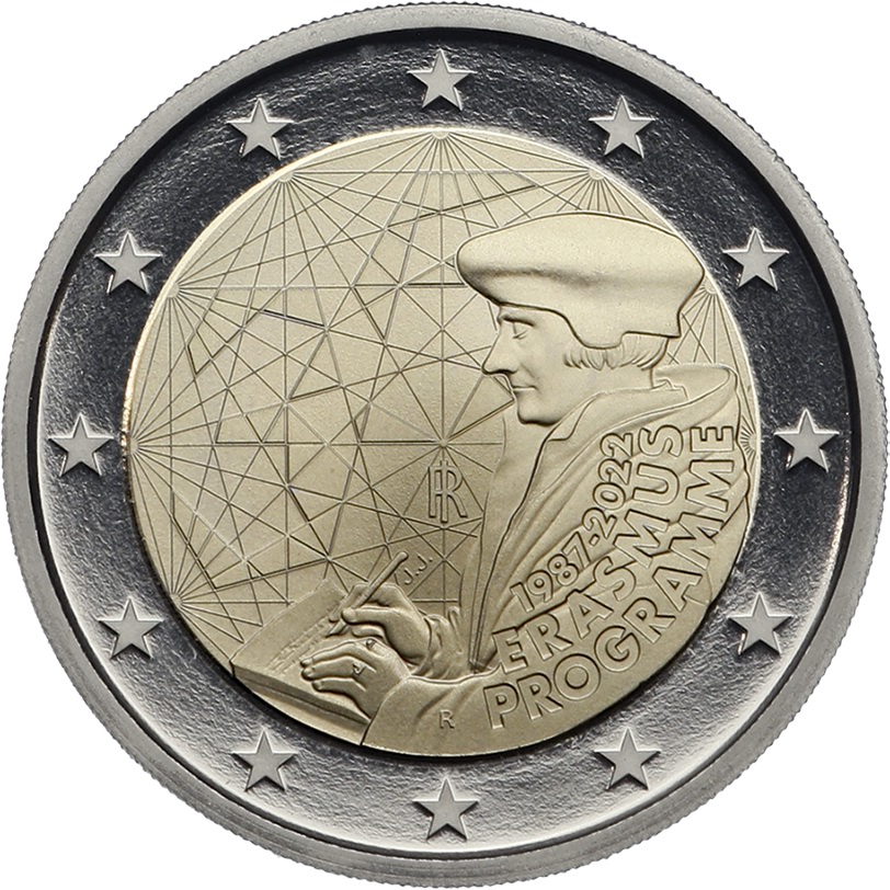 Памятные монеты евро. 2 Евро Италия Эразмус. Италия 2 евро 2022. 2 Евро монета. 2 Евро Австрия 2022 Эразмус.